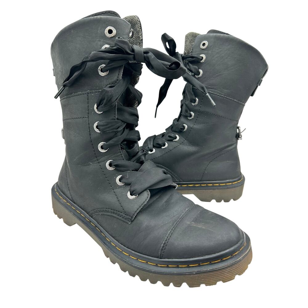 Dr Martens Black Yuba Triumph herringbone Fold Down Leather Combat Boots SZ 8